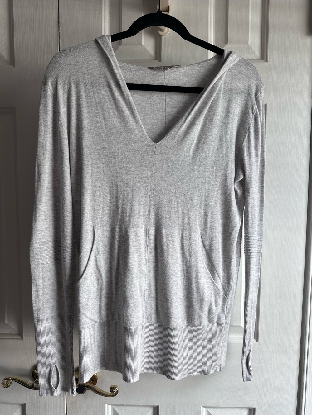 Athleta Lightweight Hooded Knit Sweater Hoodie Gray Thumbhole Pullover| Small